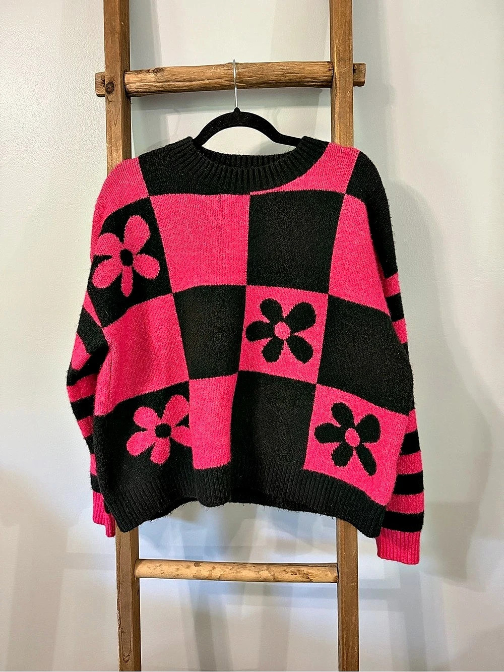 Zara Pink Black Checkered Flower Sweater Jacquard Knit Oversized Crewneck Sz Lar